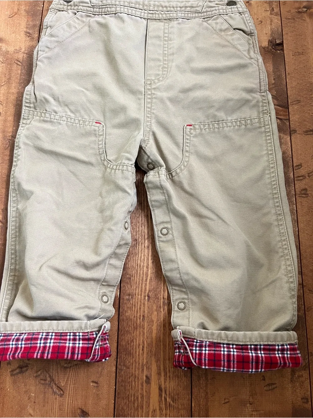 OshKosh B’Gosh Canvas Overalls 24 Months Tan 100% Cotton Plaid Trim